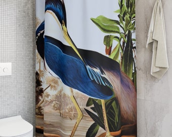 Heron Shower Curtain Mid Century Modern Blue Heron Bird Bathroom Decor Botanical Retro Accent Decorative Vintage Nature Lover Bath Curtain