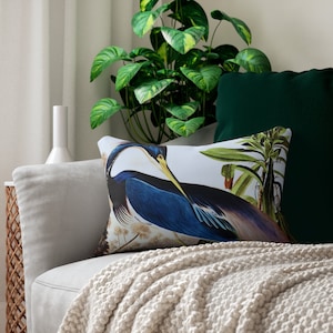 Vintage Heron Pillow + Cover Mid Century Throw Decorative Blue Bird Lumber Cushion Botanical Retro Accent Vintage Nature Lover Pillow Decor