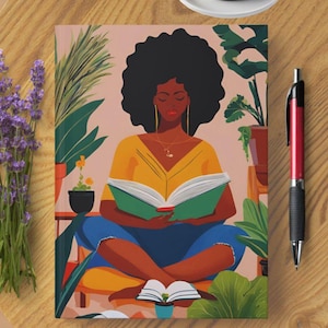 Book Lover Hardcover 5.75" x 8" Matte Journal Melanin Girl Reader Notebook Black Girl Planner African American Bookworm Stationary Afro Art