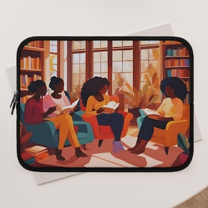 May include: Laptop sleeve featuring an illustration of four people reading in a library setting. The artwork depicts individuals seated in armchairs, surrounded by bookshelves and large windows. The color palette includes warm tones of orange, yellow, and blue.