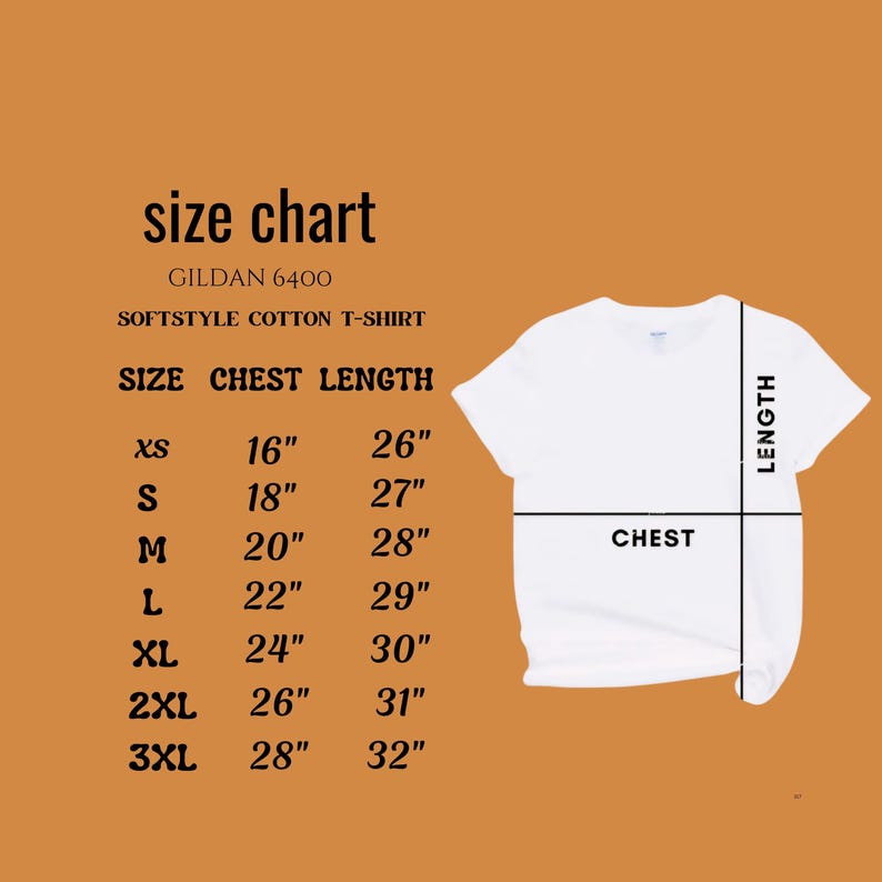 Może przedstawiać: Tabela rozmiar&oacute;w dla koszulki bawełnianej Softstyle Gildan 6400. Tabela pokazuje rozmiary od XS do 3XL z odpowiadającymi im wymiarami klatki piersiowej i długości w calach.