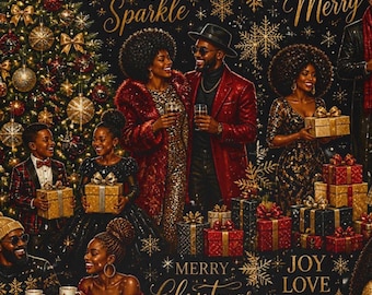 Melanin Christmas Family Scene Wrapping Paper | Jewel Tones & Gold Accents Wrapper