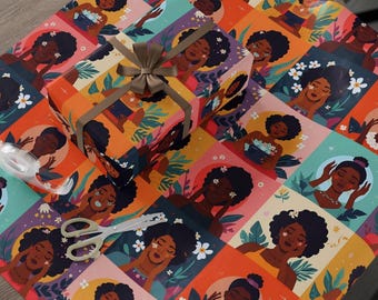 Melanin Self Care Wrapping Paper | Black Women Gift Wrap Sheets l Brown Skin Care Pattern African American Queen Wrapper
