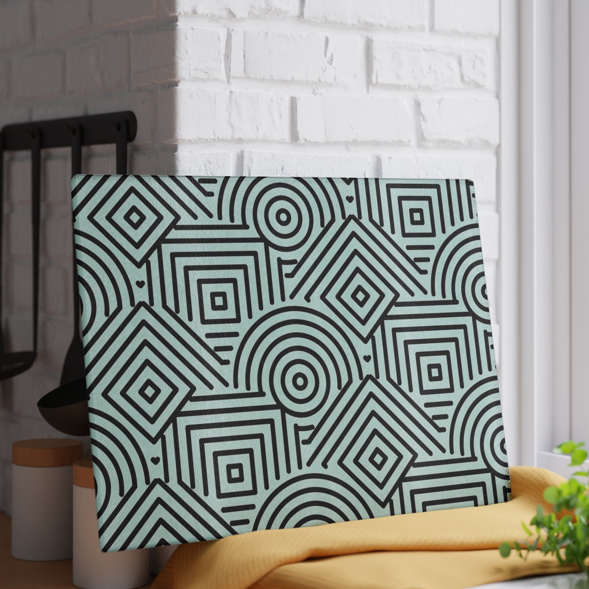 Mid Century Modern Glass Cutting Board Black & White Striped Decorative