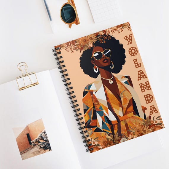 Personalized Name Black Girl Spiral Journal Custom Gift African American Female Notebook Melanin Afro Queen Writing Diary Ethnic Women Gift