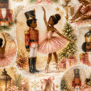 May include: A festive patterned fabric featuring illustrations of nutcrackers in red uniforms and ballerinas in pink tutus, accented with Christmas trees, gift boxes, lanterns, and ballet slippers against a soft cream background with gold snowflakes.
