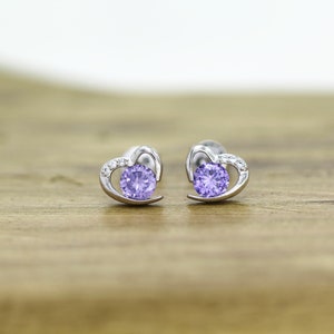 silver heart earrings gift for her, sterling silver earrings, amethyst Zirconia heart stud earrings gift for women girls kids birthday gift