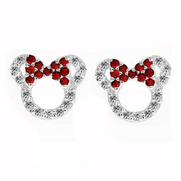 Boucle d'oreille Minnie, puce d'oreille mignonne, boucles d'oreilles mickey mouse en argent sterling avec zircons rouges, boucles d'oreilles fille, cadeau d'anniversaire pour elle