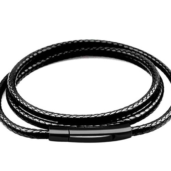 negro 3 MM Negro Trenza impermeable Cadena de cordón de cuero Cierre de acero inoxidable collar de cadena de cuerda para Mujeres Niñas niño Hombres collar 14-36 pulgadas