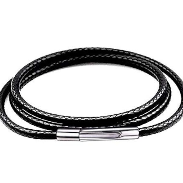 3MM Black Waterproof Braid Leather Cord Chain Necklace stainless steel clasp rope chain necklace for Women Girls boy Men necklace 14-36 inch