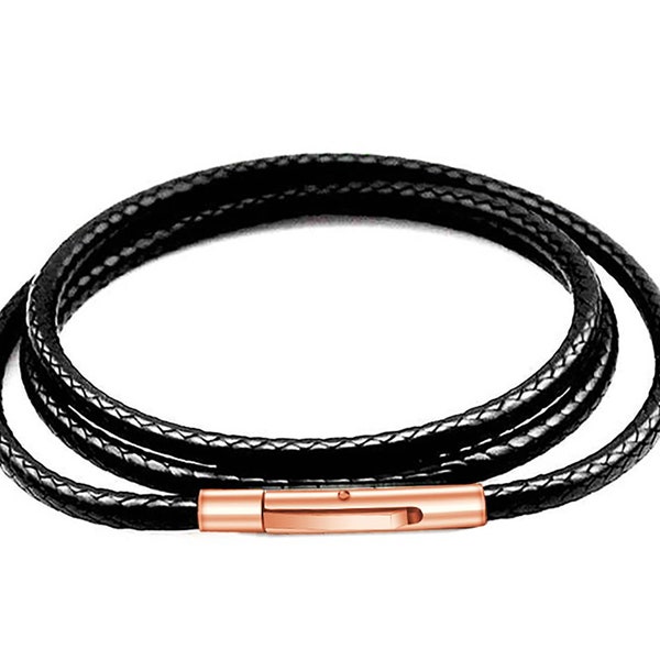 rose Gold 2MM Black Waterproof Braid Leather Cord Chain Necklace stainless steel clasp rope chain for Women Girls boy Men necklace14-36 inch