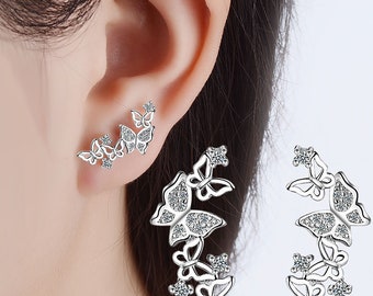 butterfly earrings for women, sterling silver climber earrings, Zirconia butterfly Ear Climbers earrings, Ear Crawlers birthday gift for her