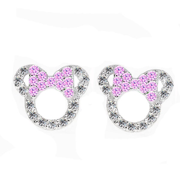 silver earring gift for her, earring stud, kid earring, pink zirconia Minnie mouse earring, mickey mouse earring, girl earring, stud earring