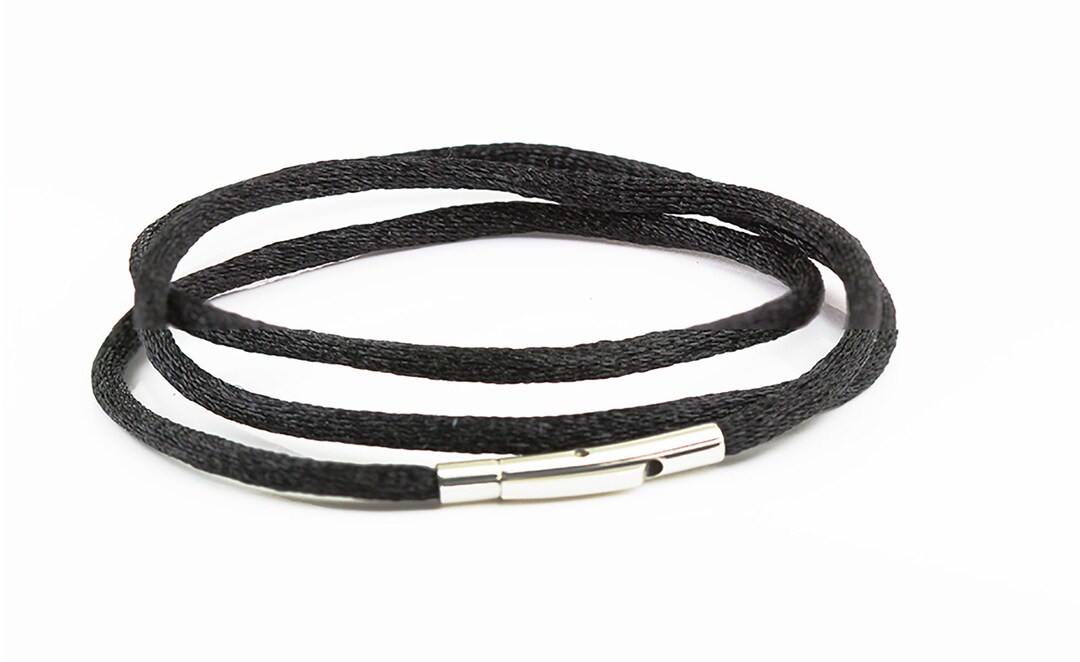 3MM Black Silk Cord Chain Necklace Ultra Thin Stainless Steel Clasp Men