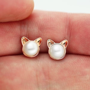 sterling silver earrings for women, cat earrings, stud earrings, girls earrings, cute pearl earrings kids earrings freshwater pearl earrings