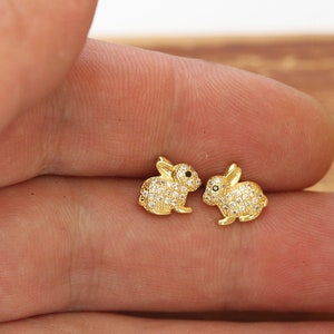 gold earring for women, sterling silver pave zirconia bunny stud earring, shine cute rabbit earring, girl earring, birthday gift for her