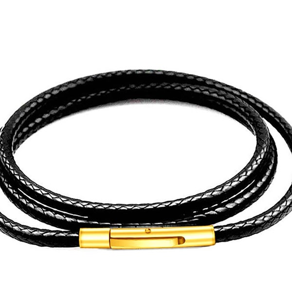 Gold 3MM Black Waterproof Braid Leather Cord Chain Necklace stainless steel clasp rope chain for Women Girls boy Men necklace 14-36 inch