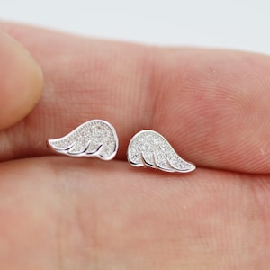 silver earrings for women, sterling silver earrings, stud earrings, girls earrings, angel wing earrings, pave zirconia feather earrings