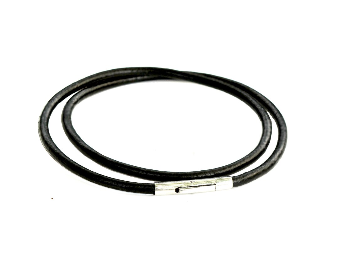 2MM Black Genuine Leather Cord Chain Necklace Stainless Steel Clasp