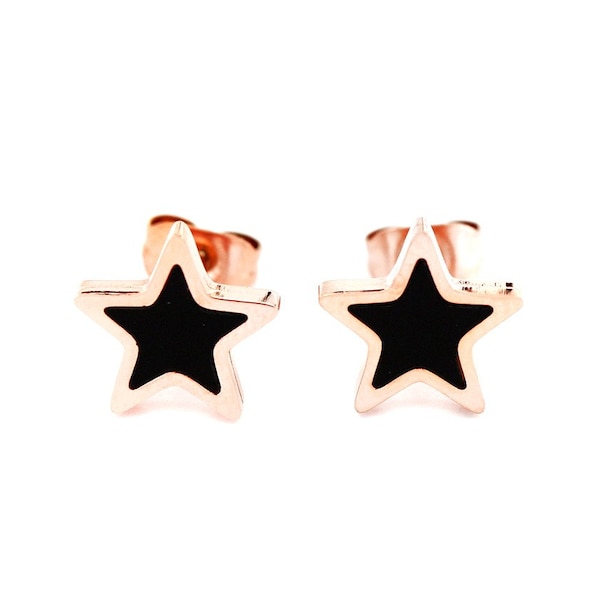 rose gold earrings, stainless steel earrings, stud earrings, surgical steel earrings, hypoallergenic earrings, star black agate earrings