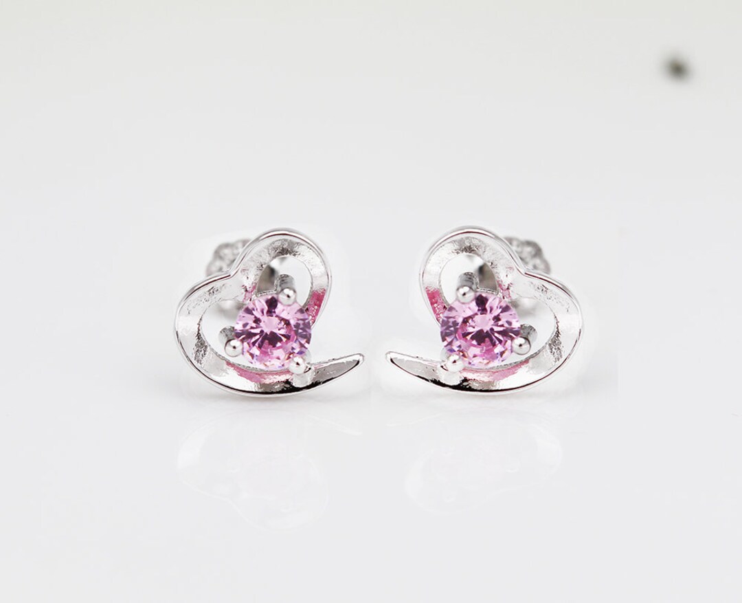 Silver Earring for Women, Sterling Silver Love Heart Earring, Classic Pink Zirconia Stud