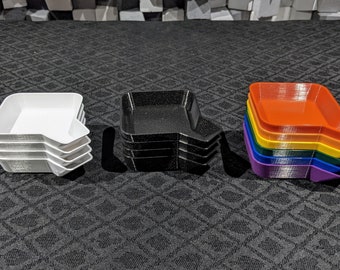 Bits trays for games, beads, tokens, and more.  Stackable, with funnel, in tons of colors.