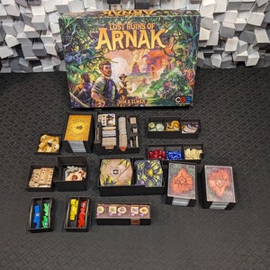 Insert, compatible with Lost Ruins of Arnak (requires first 2 expansions).  Fits sleeved cards.  SEE NOTES