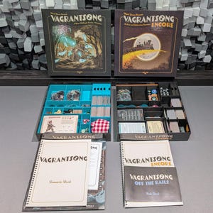 STL files for Vagrantsong Compatible board game insert, Core and Encore box options, token protectors