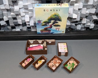 STL files for Inserts (updated), compatible with Bonsai board game, fits expansions, sleeved cards, cute token pots
