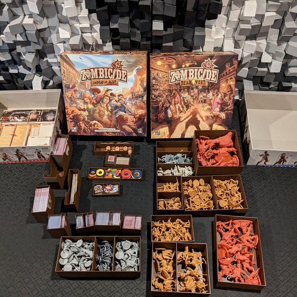 STL files for Zombicide Undead or Alive compatible insert, holds sleeved cards, fits everything from kickstarter into 2 boxes