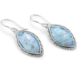 Ancient Roman Glass Marquise Silver Dangle Earrings - Handmade Statement Jewelry, Drop Earrings, Gift for Mom, Wife