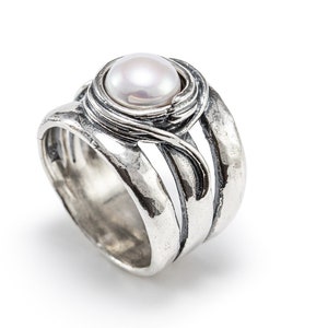 Power Pearl Nature’s Gift Ring -  All Silver Pearl Ring - Wide Band Silver Pearl Ring - Tapered Large Silver Ring