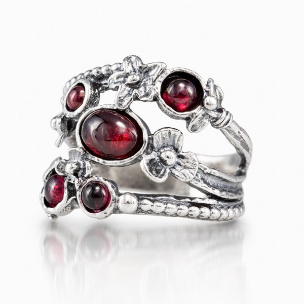 Natural Garnet 925 Sterling Silver Ring, Handmade Multi-Strand Wrapped Artisan Multi Red Stones and Flowers Ring