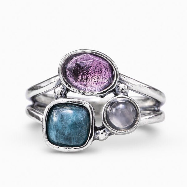 Treble Harmony Ring Chic Meditation Ring Multi Stone Ring, Anniversary Gift Rose-cut Amethyst Rainbow Moonstone Cushion Aquamarine skin safe