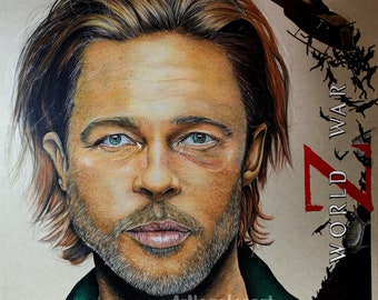 Dessin aux crayons de couleur Brad Pitt.