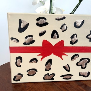 Glitter wall art, Leopard Canvas Art, Red Bow Canvas Art, Wall decor