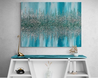 Teal and silver glitter glass painting, Teal glass painting, Teal glam art, Teal wall decor, Wall decor, Abstract art, Home decor