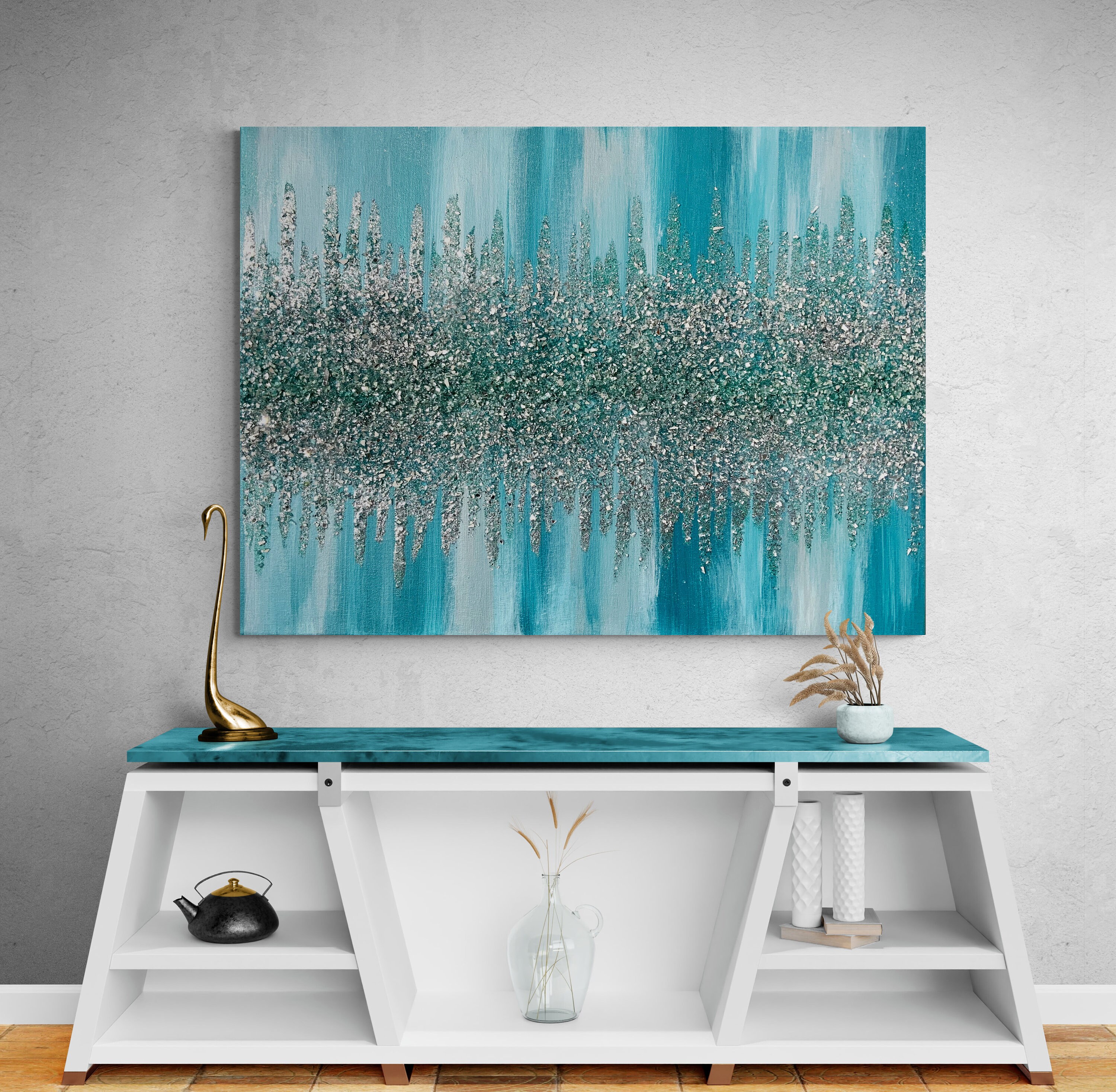 Bling Canvas Painting with Crushed Glass and Glitter / Turquoise