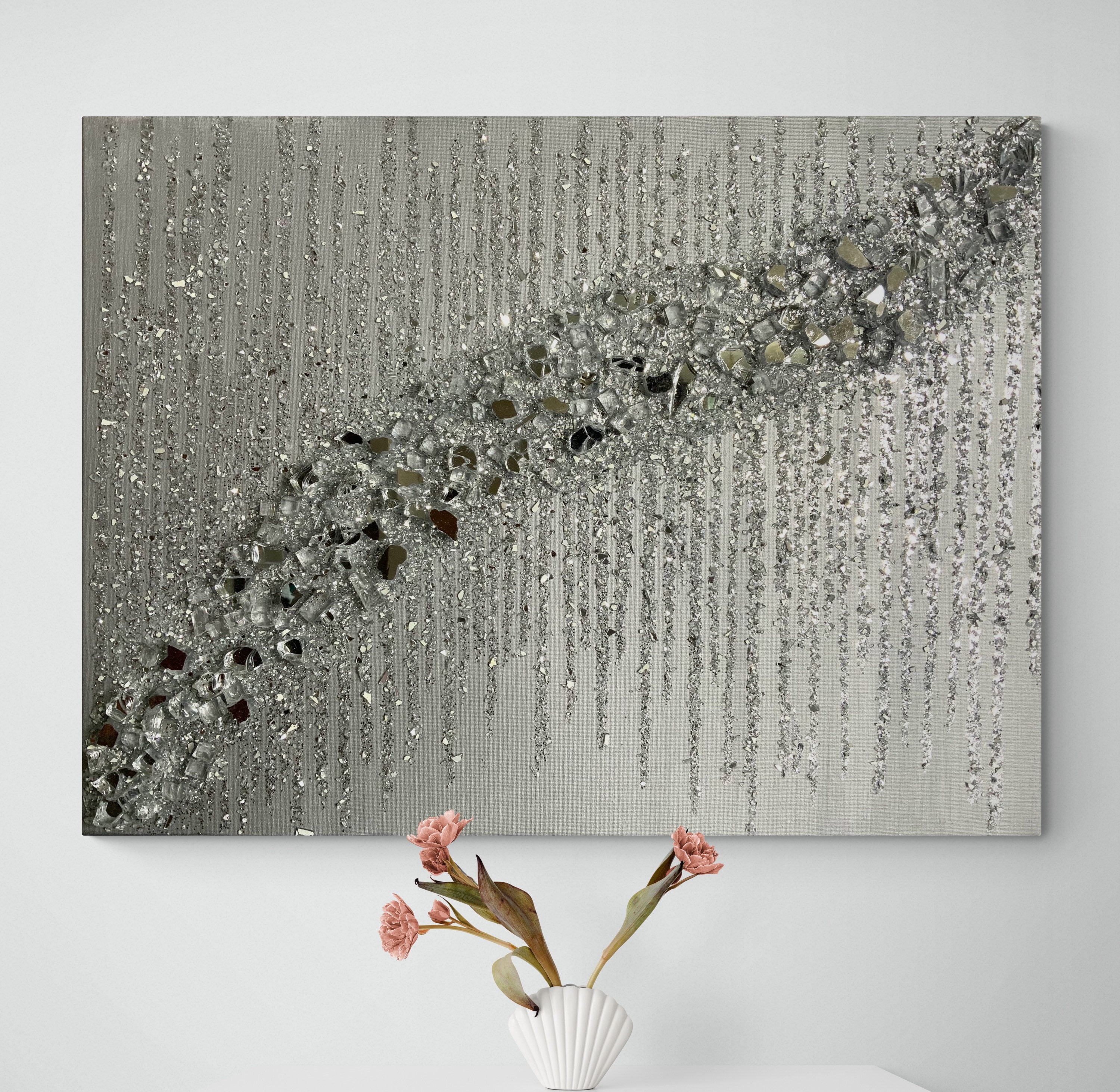 Silver glitter glass painting, Silver glitter painting, Silver glass painting, Glass painting, Abstract art, Wall decor