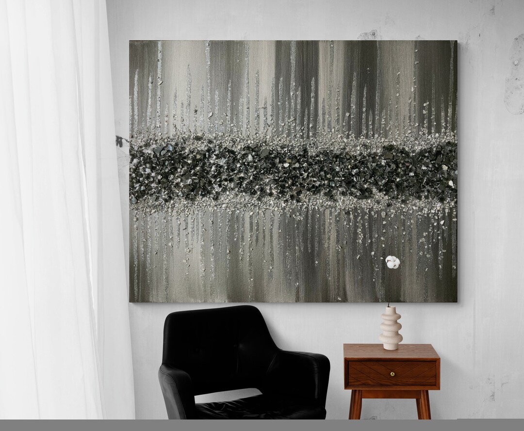Black and Silver Glitter Glass Painting, Black and Silver Wall Decor