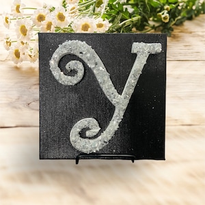 6x6 inches black and silver glitter glass art, silver glass painting, black glass painting, initial Y glass art, glitter glass wall decor
