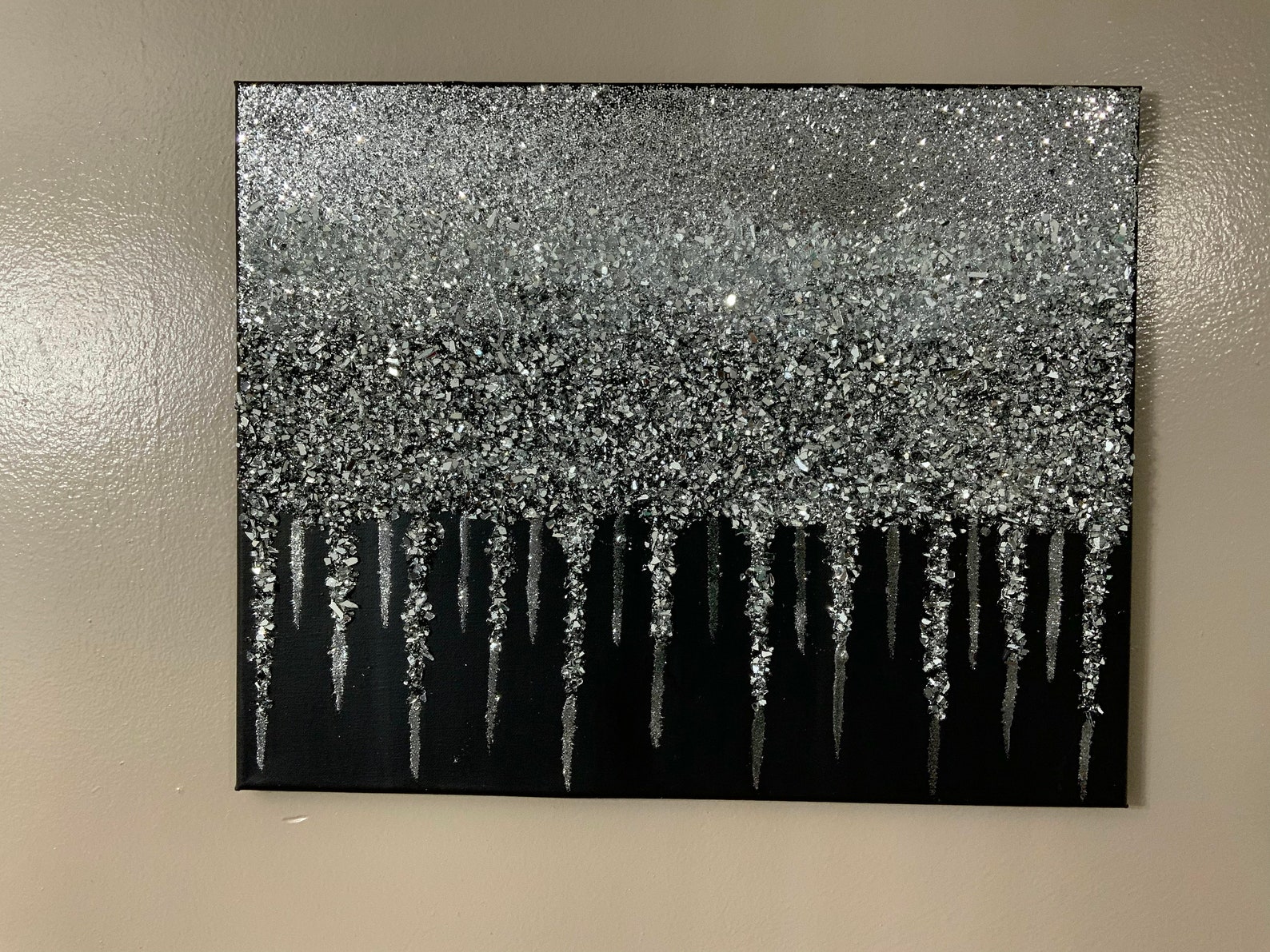 Glitter painting Glitter art Black and silver glass Etsy