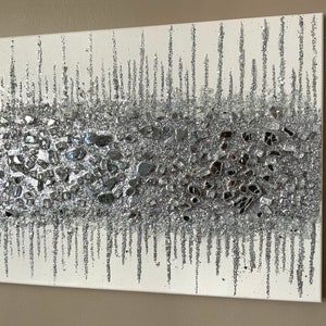 Glitter painting, Glitter glass art, Glitter art, Silver and white glass painting, Abstract art, Glitter art, Wall decor