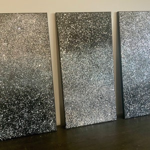 Ombré black and silver glitter glass painting set , black and silver wall decor, black glitter art, silver glitter painting, Abstract Art,
