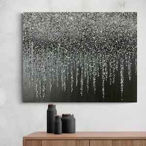 Ombré black and silver glitter glass painting, black and silver wall decor, black glitter art, silver glitter painting, Abstract Art,
