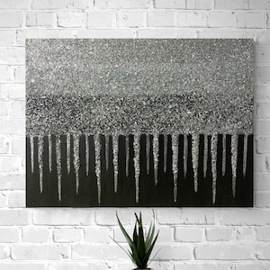 Glitter painting, Glitter glass painting, Black Glitter Painting, Silver Glitter Painting, Abstract Painting, Glitter art, Wall Decor