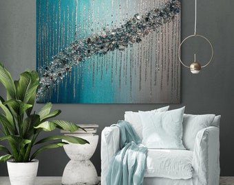 Ombré Teal Glitter glass painting, Teal glass painting,  Glitter Painting, Glass painting, Wall Decor, Abstract Art, Home decor