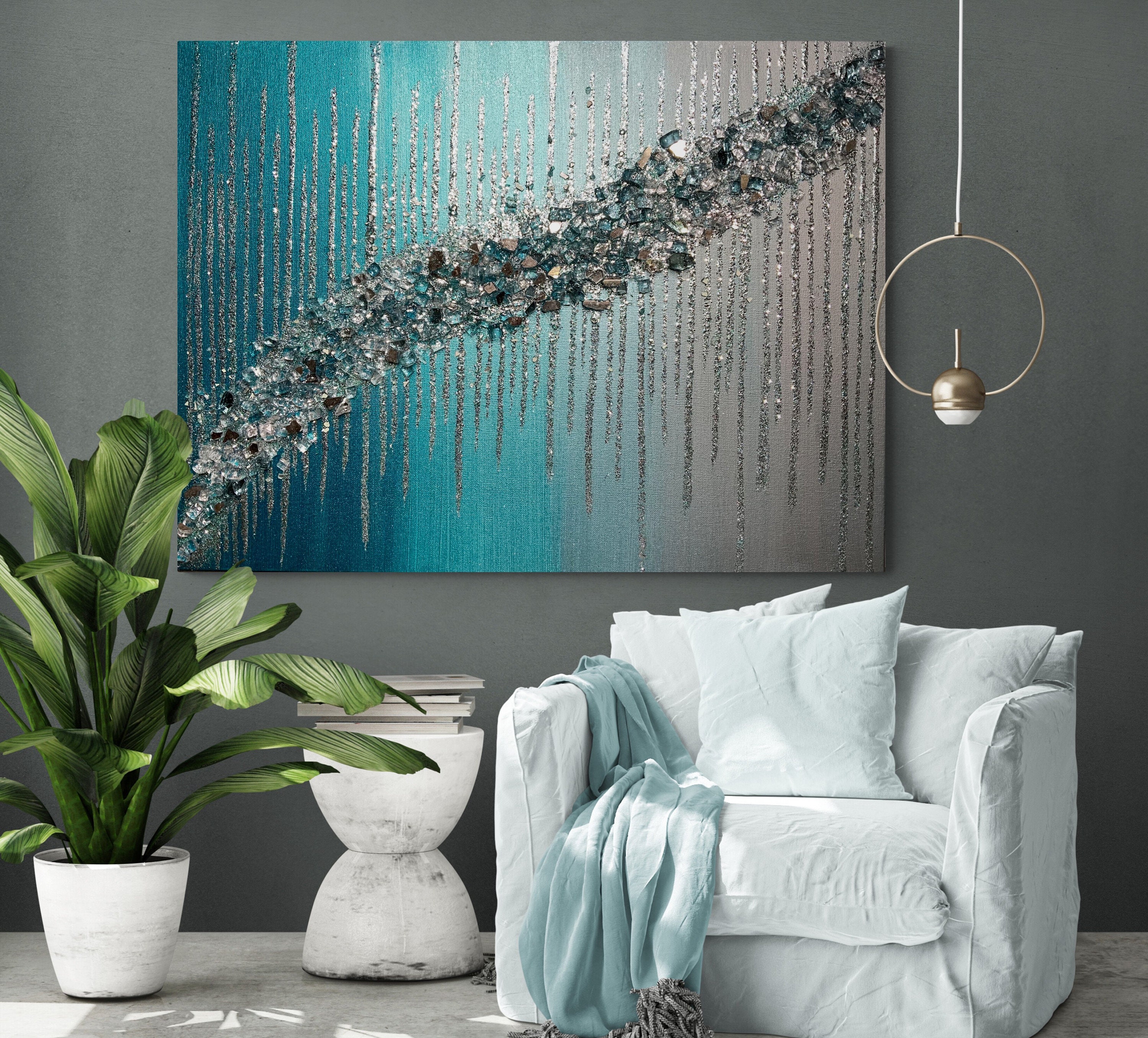 Turquoise & Teal Silver Glitter and Glass Painting, Glitter Painting, Glass  Painting, Glam Decor, Glam Decor, Glam Wall Art, Blue Paintings 