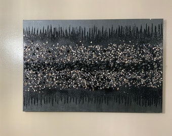 Black glitter glass painting, black wall decor, black glitter art, seashell glitter painting, Abstract Art