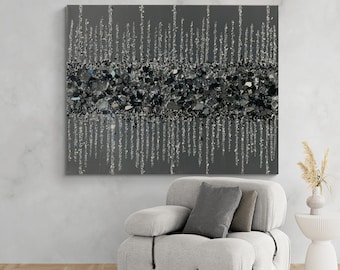 Gray and Silver glitter glass painting, Gray glass painting, Black glitter painting, Black and gray home decor, Abstract art, Wall decor